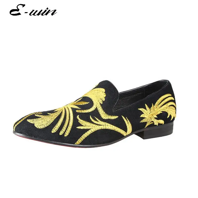 

2016 New Style Mens Flats Fashion Men Loafers Golden Embroidery Genuine Leather Suede Shoes Smoking Black Party Shoes Size 38-44