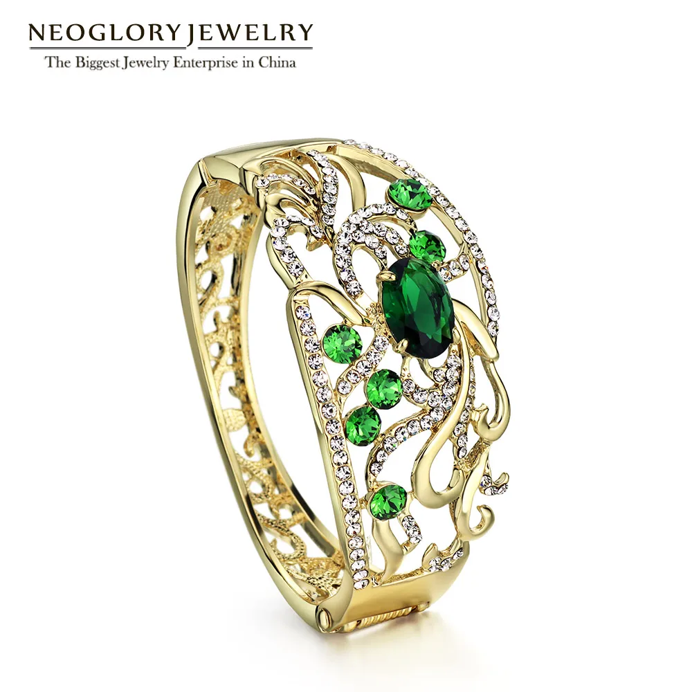 

Neoglory Austrian Crystal Light Yellow Gold Color Big Cuff Bangles Bracelets For Women 2018 New Vintage Brand Statement Jewelry