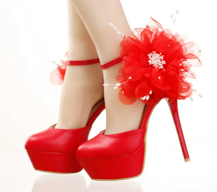 Red wedding shoes high with waterproof Taiwan tassel flower crystal rhinestone bridal shoes lace dress shoes