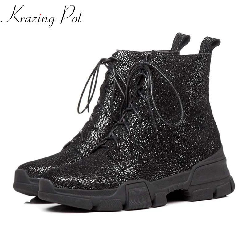 

Krazing Pot sheep leather wedges med heels platform round toe cross-tied bling rock handsome quality fashion leisure boots L74