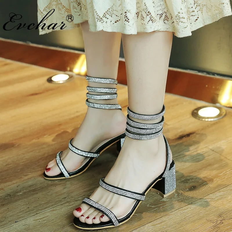 

EVCHAR Women Spiral Twist Sandals Gladiator Sandals Rhinestone Satin Summer ankle strap Shoes High Heel shoes big size 31-44