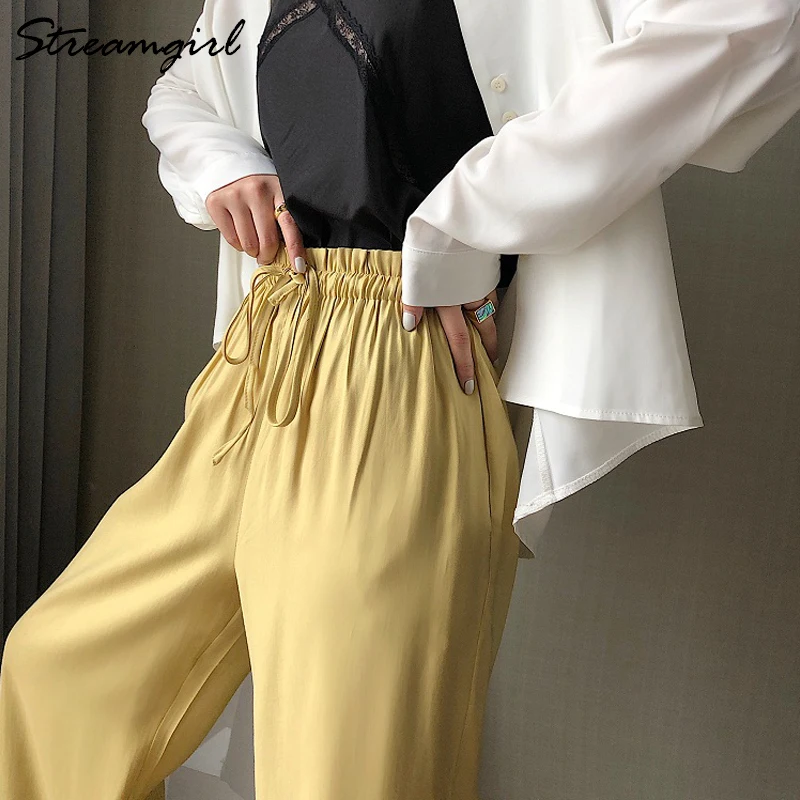 Wide Leg Satin Silk Pants Women Trousers High Waisted Elegant Summer Solid Color Wide Leg Pants Women Satin Trousers Loose New