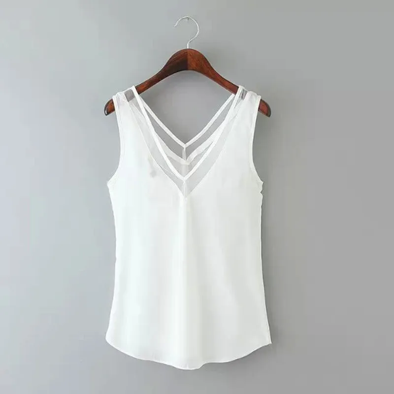 

2019 Fashion Women Summer Sexy Tops Chiffon Sleeveless V-Neck Casual Black White Tank Blouse Shirts Party Casual Tops New