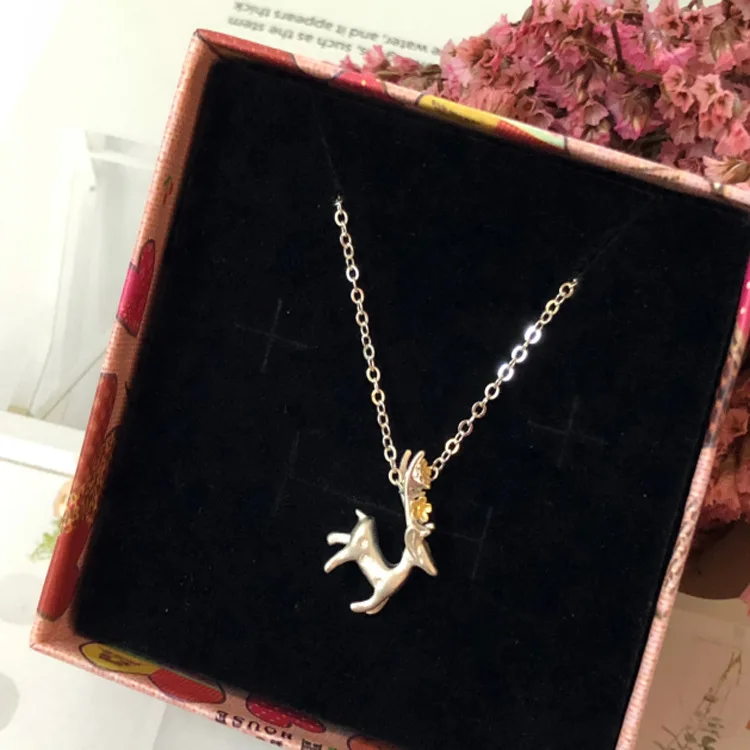 

New 925 Silver Necklace Female Cute Deer Gold Plated Pendant Short Style Articulated Clavicle LA