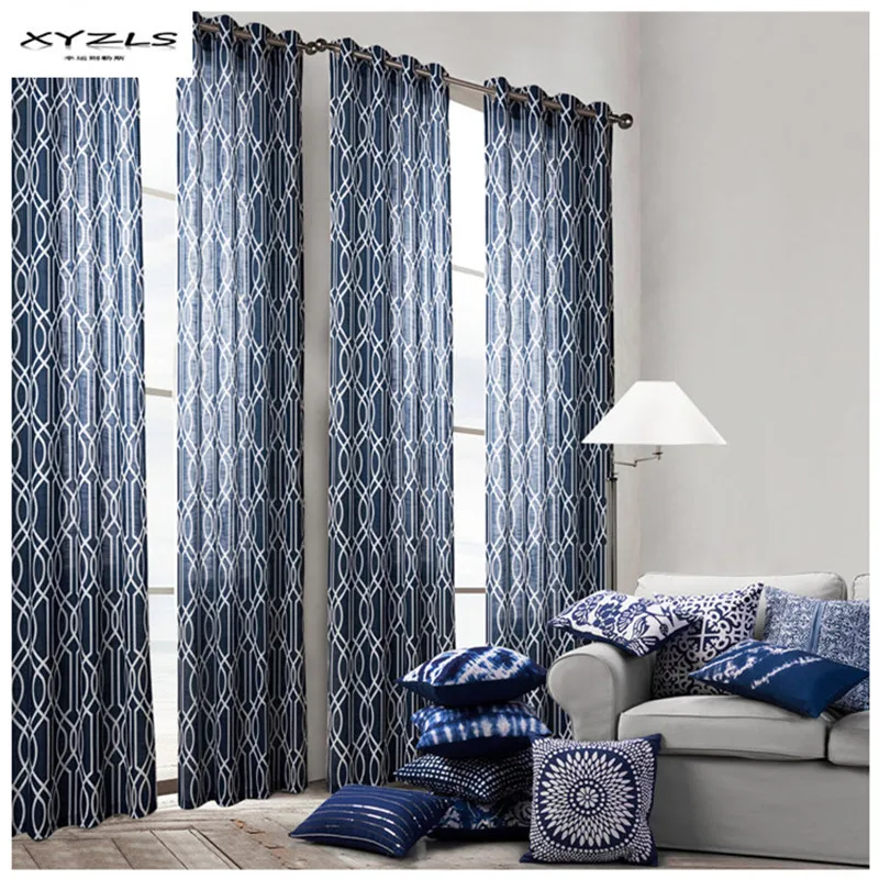 Xyzls Grommet Geometric Pattern Curtains Blue Window Treatment For