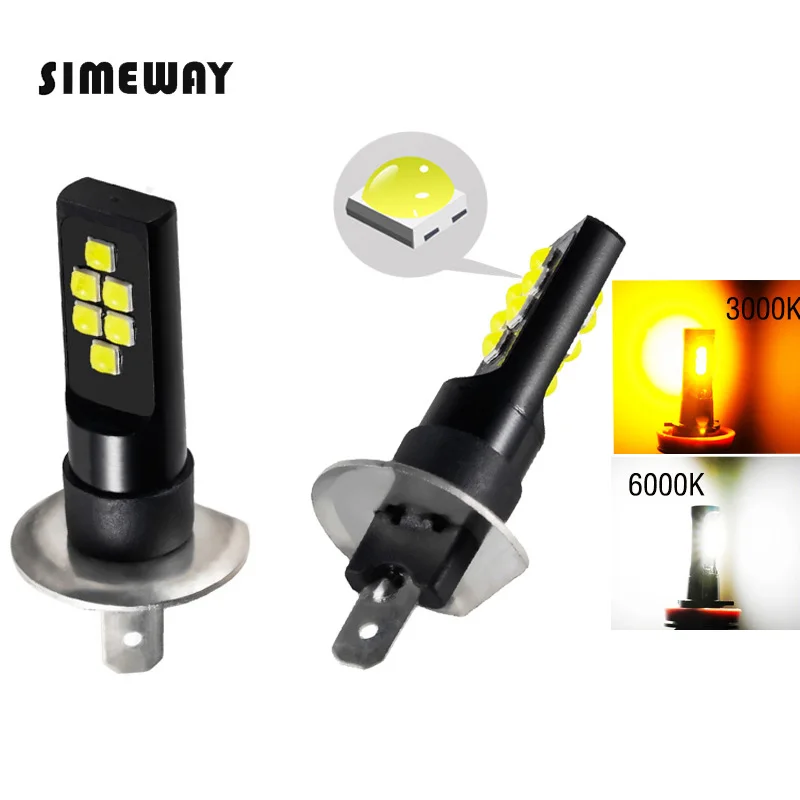 

2Pcs car H1 Led fog light H4 HB4 9006 HB3 9005 h3 Bulb 12SMD 3030 1400LM 3000k Yellow 6000K white Auto Leds Light DC 12V