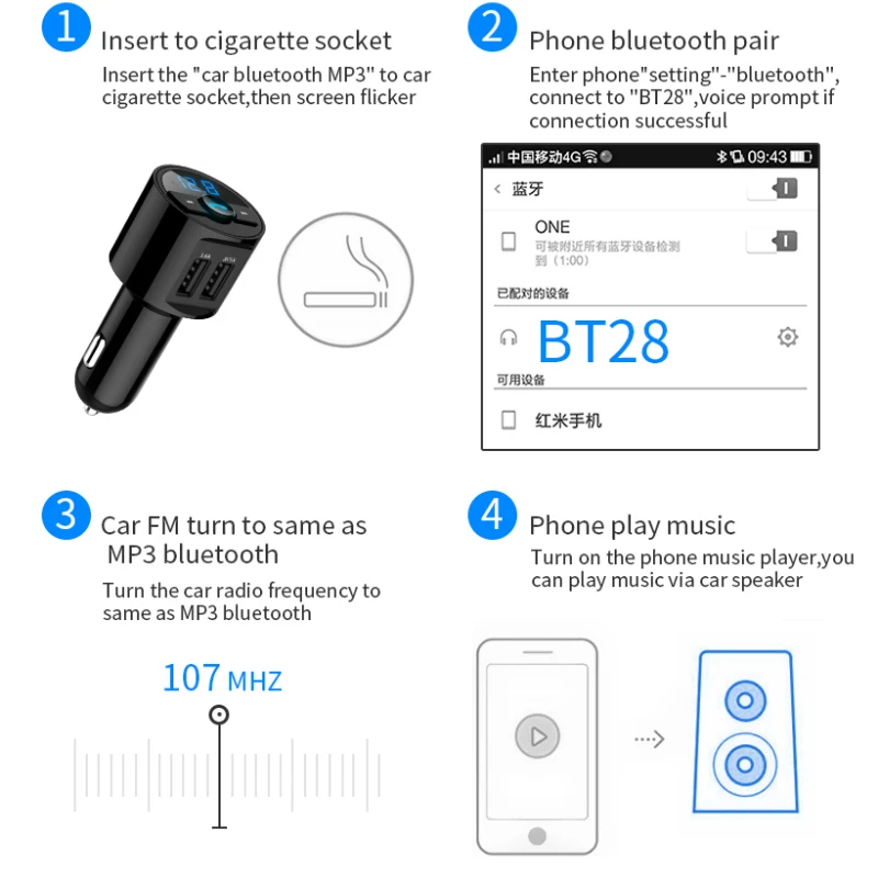 KORSEED 3.6A Quick USB Charger Bluetooth Car Kit FM Transmitter modulator Audio Music Mp3 Player Phone Wireless Handsfree Carkit