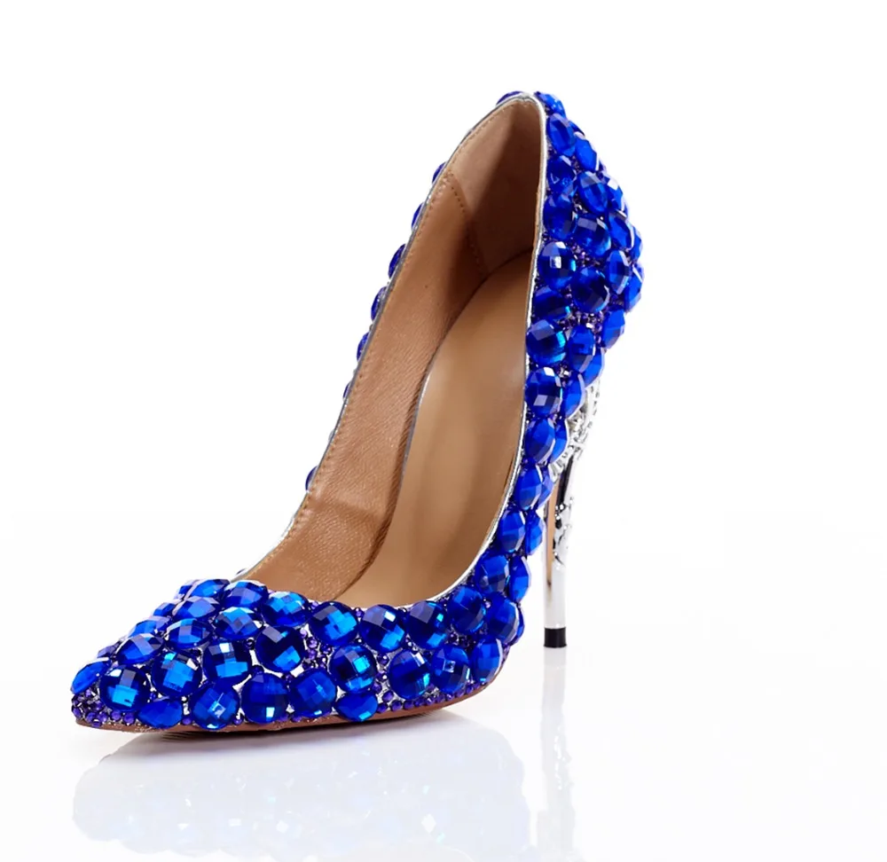 Women shoes 2019 high heels Wedding Female pumps Genuine leather Blue rhinestone dress shoe strange heels zapatillas mujer shoe
