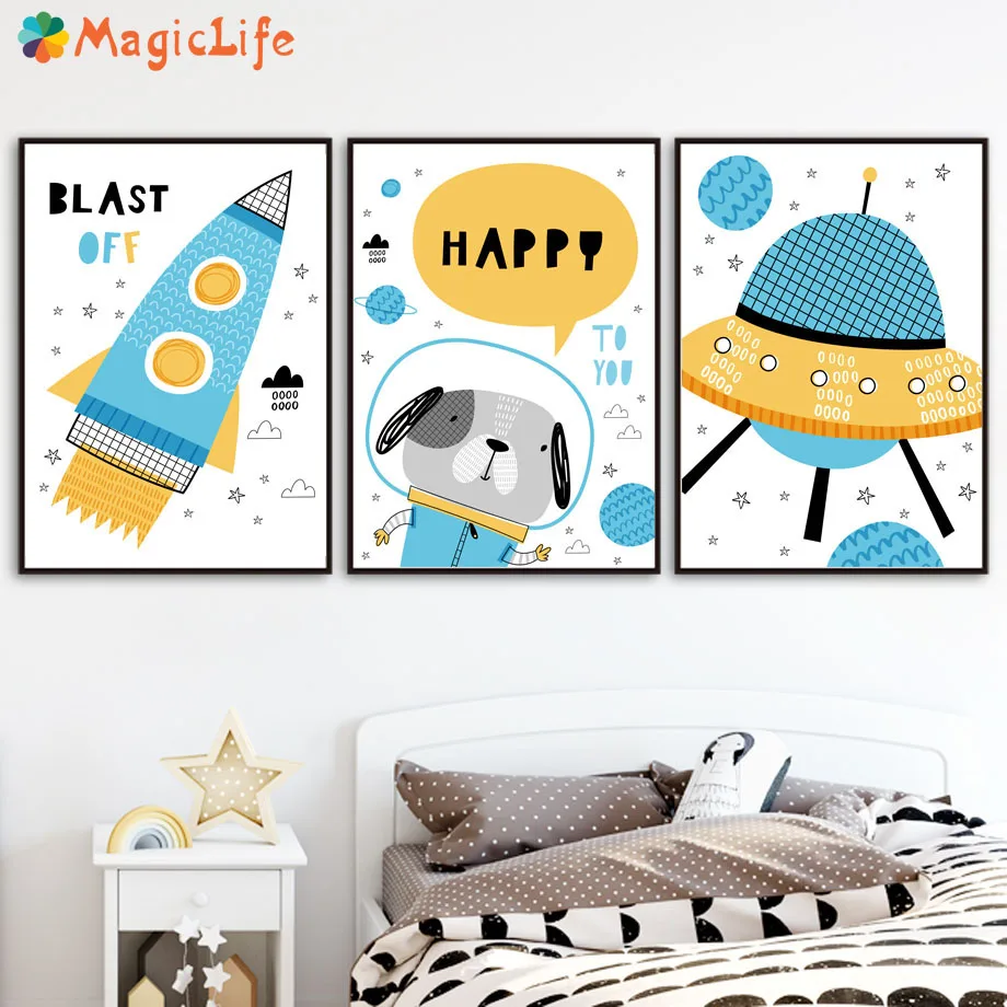 

Cartoon Space Rocket Dog Star Earth Decor Wall Art Canvas Painting Nordic Posters Wall Pictures Decorative Pictures Unframed