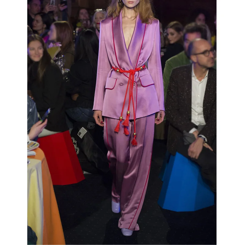 

New Spring Luxury Lazy Wind Elegant Woman Purple Suit Jacket + Fashion Broad-legged Pants Goddess Full Length Trousers Set