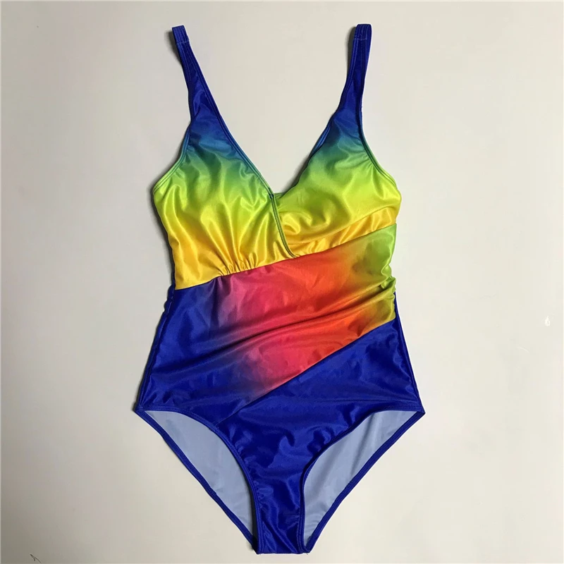 Sexy Rainbow Print One Piece Swimsuit Swimming Suit for Women Beach Wear Bathing Swimwear Bikini Woman Clothes Plus Size XXXXL - Цвет: Dark Blue Multicolor