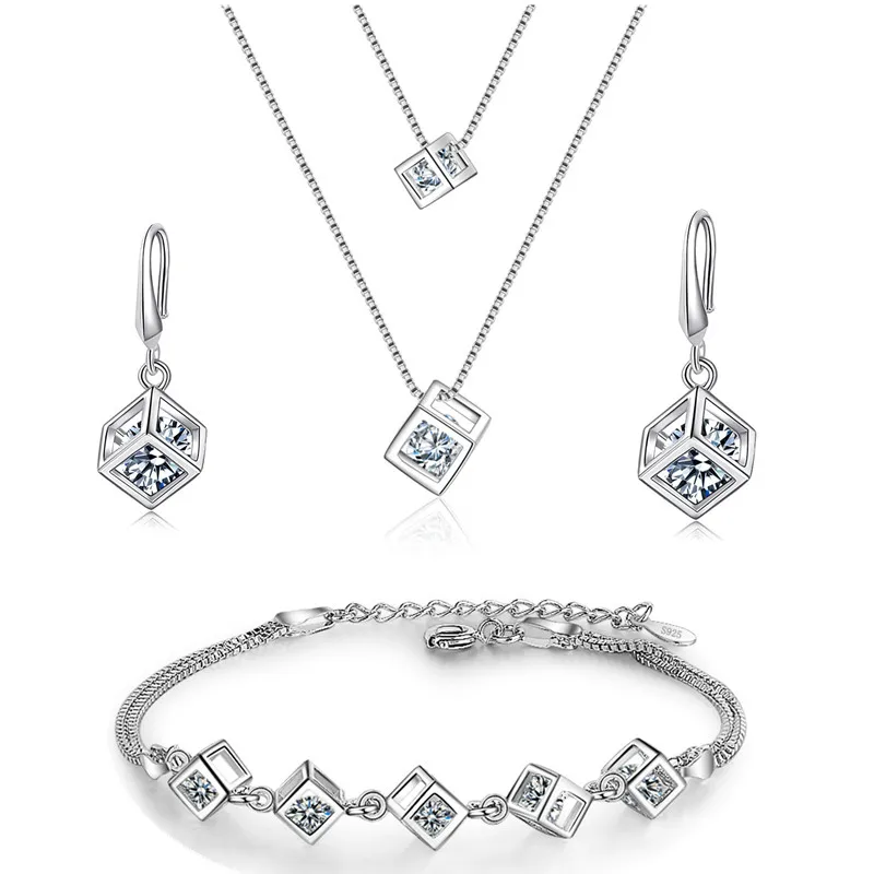 

925 Silver Jewelry Sets for Women Love cube Necklaces&Earring&Bracelet Multilayer Double Choker Statement Necklace Set