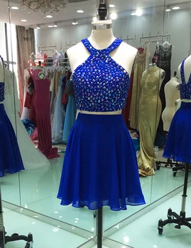

Royal Blue Homecoming Dresses A-line Halter Short Mini Chiffon Beaded Crystals Two Pieces Elegant Cocktail Dresses