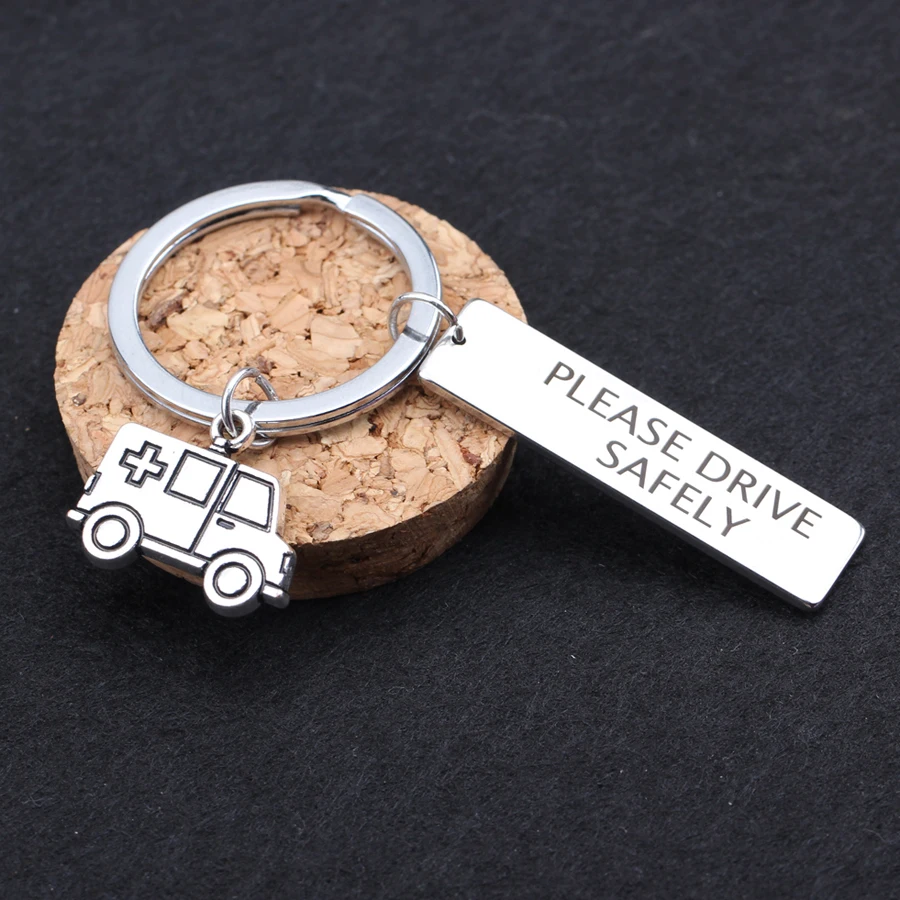Engraved Please Drive Safely Keychain Ambulance Key Holder Car Key Tag