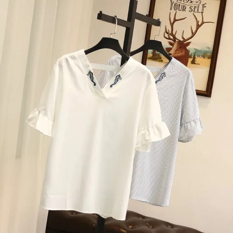 

Ubetoku 2018Women's Summer Chiffon T-Shirt Butterfly Sleeve Embroidery Tops Plus Size Office Lady Clothing(T97)