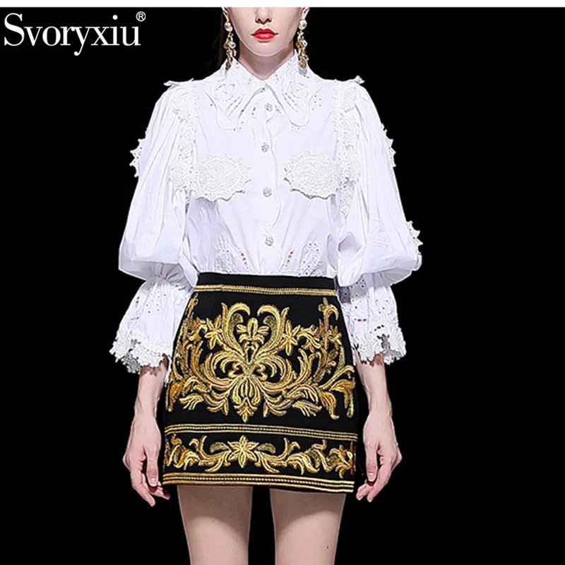 

Svoryxiu Spring Summer Runway Two Piece Set Women's White Cotton lantern Sleeve Blouse + Gold Line Embroidery Skirts Skirt Suit