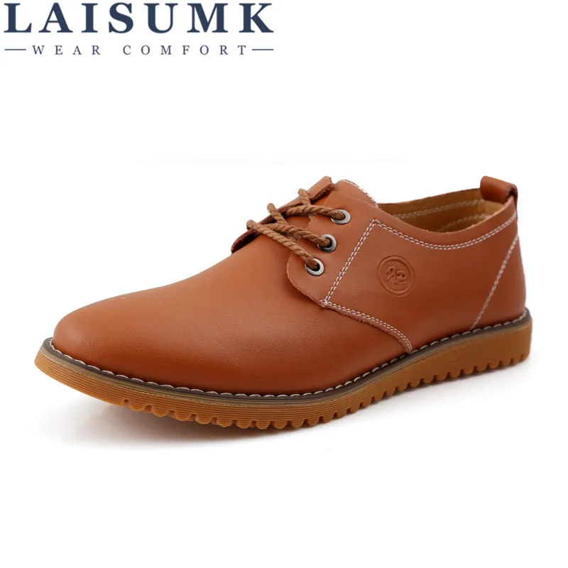 2017 LAISUMK Men's Cow Leather Design Shoes Lace Up Brown Flats Breathable Mesh Lining Man Shoes Size 38-47