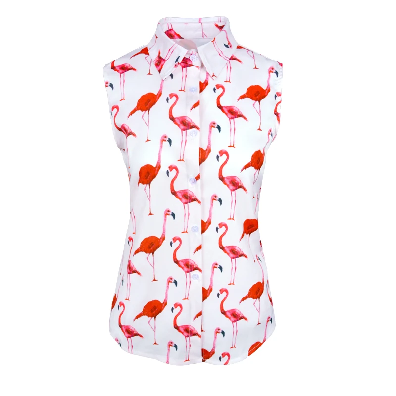 Women Sleeveless Flamingo Chiffon Shirt Blouse White Summer Tops 2018