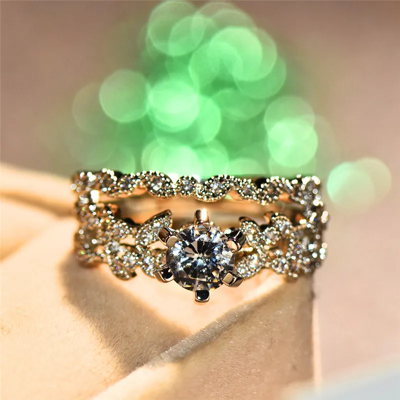 

Female White Zircon Ring Set Luxury Crystal Silver Color Bridal Ring Wedding Jewelry Promise Engagement Rings For Women