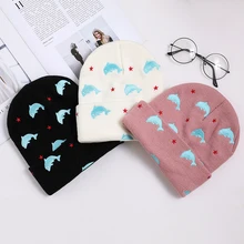 Вышивка Дельфин и красная звезда вязаная шапка милые животные осень и зимняя теплая шапочка крутой уличный головной убор