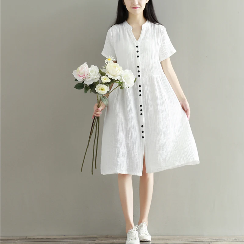 

Erregina Women Vestidos Elegantes V Neck Short Sleeve Dresses Large Size Casual Summer Loose Button Dress Plus Size Korean