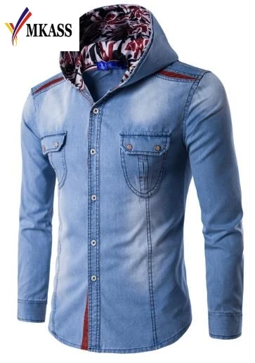 Autumn New men Fashion Hooded Denim Casual Shirt Men