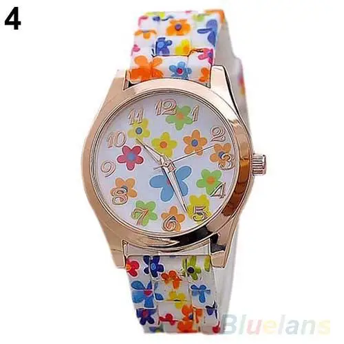 De moda de impresión de la flor de las mujeres banda de silicona números arábigos, reloj de pulsera de cuarzo Dial pulsera Regalo de Cumpleaños venta al por mayor