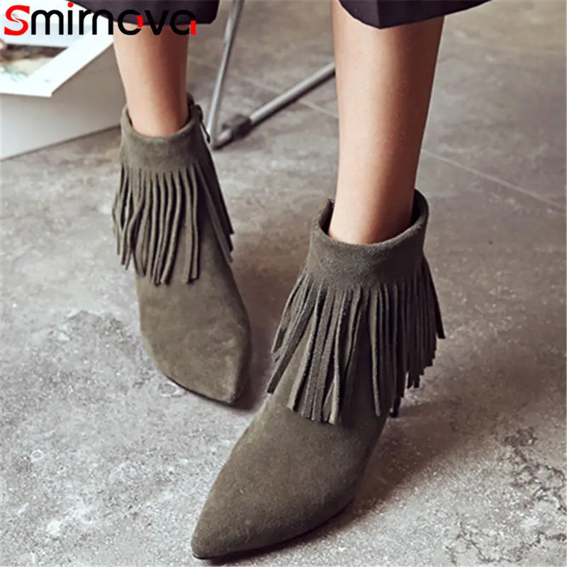 

Smirnova cow suede 2020 women winter boots pointed toe super high heel thin heels fringe ankle boots sexy ladies fashion boots