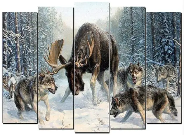5pcs Full diamond 5D DIY diamond painting Wolves hunting diamond embroidery cross stitch painting living room wedding decoration