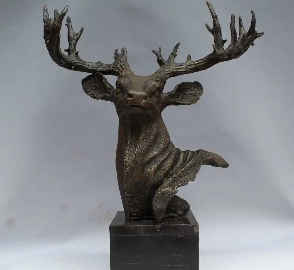 

19" Chinese Folk Art Bronze Marble Deer Head Bust Animal Statue sculpture