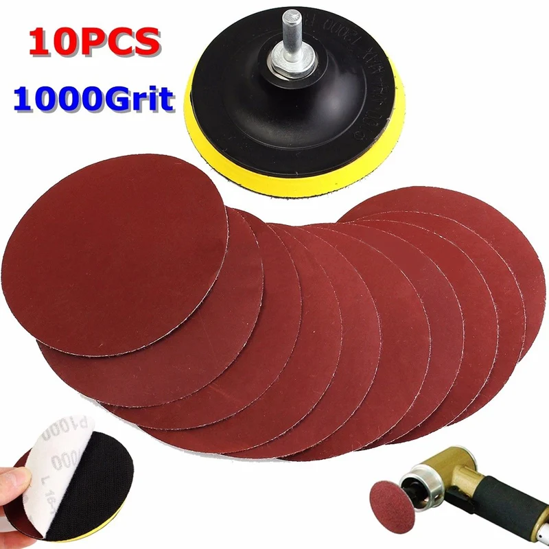

10Pc 4'' Sanding Disc Sandpaper Hook Loop 1000 Grit + Backer Pad + Drill Adapter