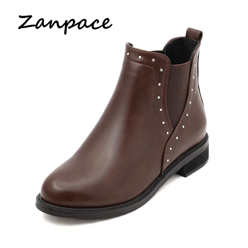 

Zanpace Rivet Women Boots Winter Europe Round Toe Leather Boots Autumn Keep Warm Ankle Boots for Women Heel Shoes Botas Mujer