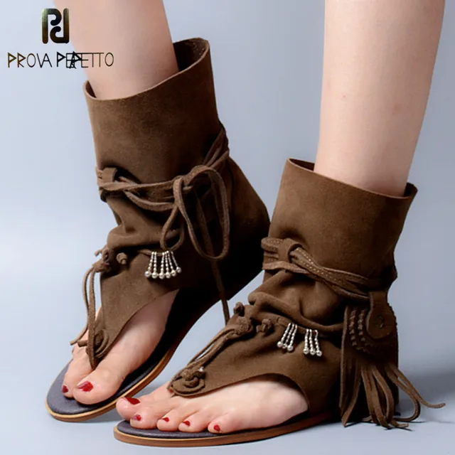 Prova Perfetto Bohemia Summer Women Sandal Ethnic Style Tassels Ladies Ankle Boots Sandal Shoe Rome Thong Gladiator Flat Sandals