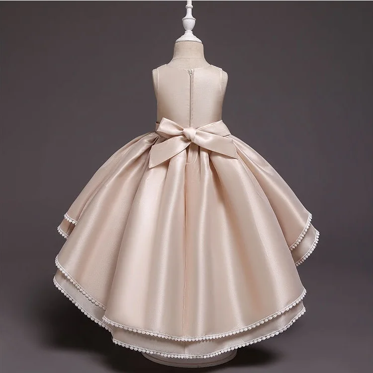 Летнее высококачественное новое атласное детское платье для подиума со шлейфом для девочек платье принцессы с вышивкой и аппликацией платье с кружевной каймой