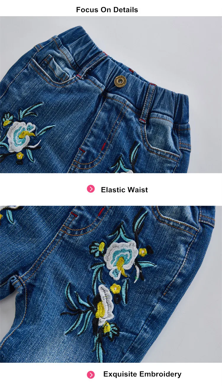 Kids Girls Flower Embroidery Blue Flared Jeans 21