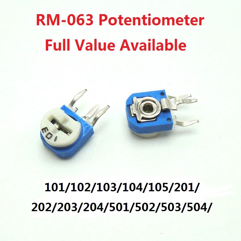 

20pc RM063 Potentiometer Variable Resistor RM-063-101/102/103/104/105/201/202/203/204/501/502/503/504/ 2/5/10/20/100/500/k/R/M