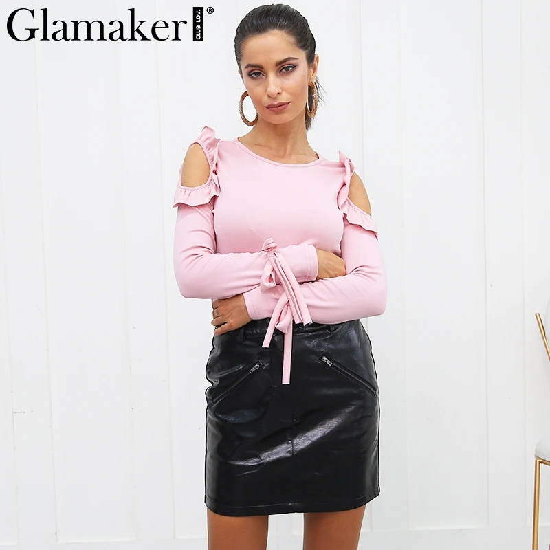 Женский короткий топ Glamaker розовая блузка с рюшами на плечах и бантом весну 2019|pink
