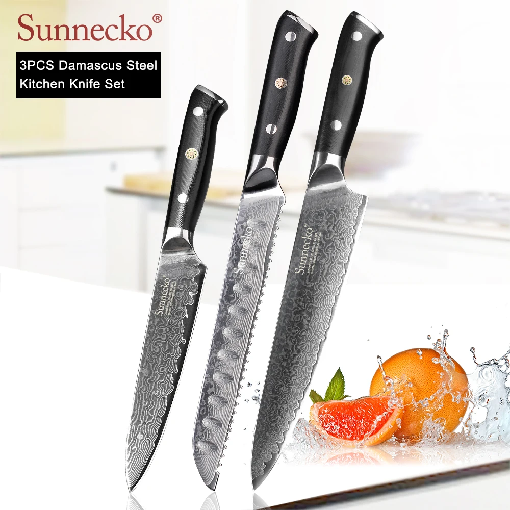 SUNNECKO дамасский нож шеф-повара Santoku для нарезки овощей нож для стейка нож для хлеба Дамасская сталь набор кухонных ножей G10 Ручка