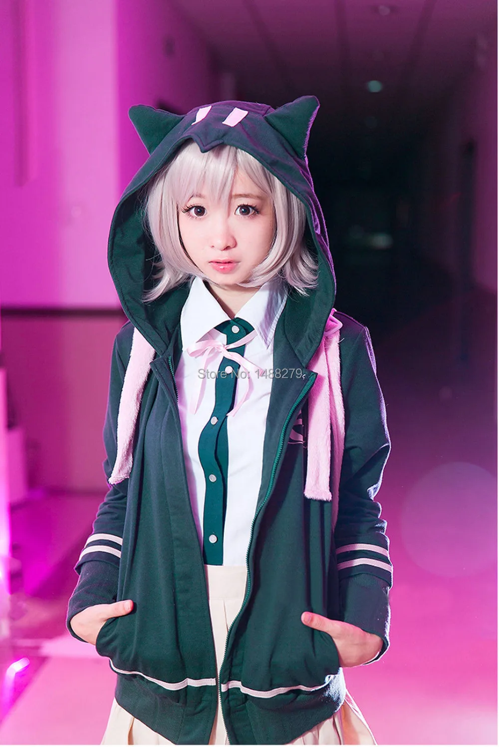 

Anime Dangan Ronpa Nanami Chiaki Cosplay Costume Coat Deep Green Cotton Zipper Hoodie Unisex Hooded Sweater