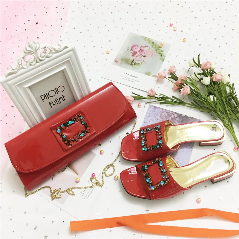 Комплект из итальянских туфель и сумочки желтого цвета с сумочкой, украшенный стразами; женские свадебные туфли и сумочка в нигерийском стиле - Цвет: Red-4cm