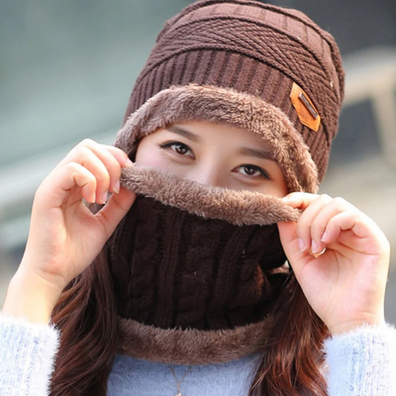 Модные зимние теплые для мужчин женщин вязаная мешковатая шапка-бини шляпа лыжный кепки шарф комплект шапка шейный платок шапочка
