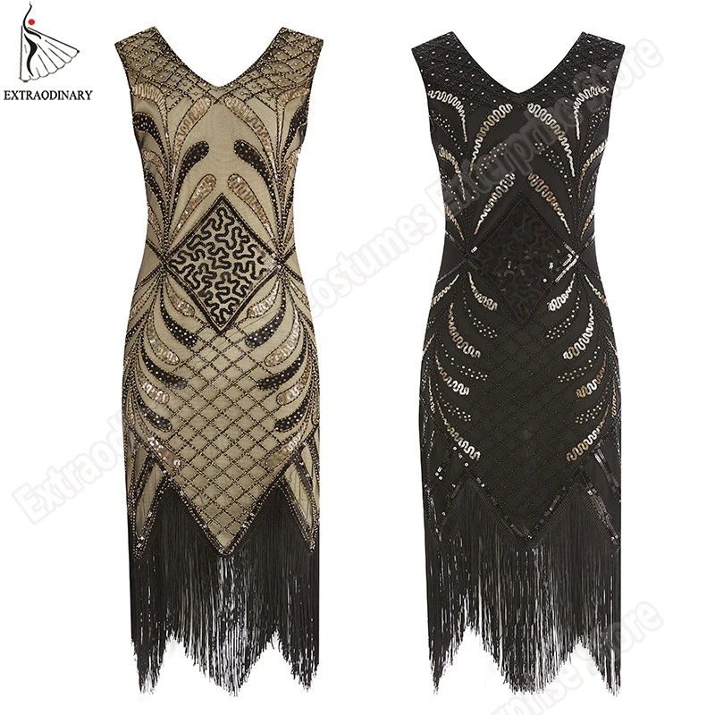 

Women Fringe Vintage Flapper Dresses 1920s Style Great Gatsby Dress Art Deco Sequined Tassel Embellished Party Sleeves Costumes