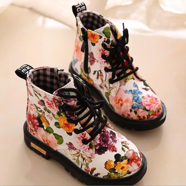 

Boys Girls Sneakers Elegant Floral Flower Print Shoes Kids Sneakers Boots Toddler Martin Boots Leather Children Sneakers