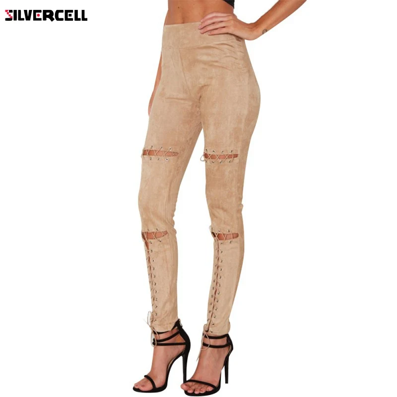 

Suede Leather Pants Spring Summer High Waist Lace Up Slim Stretch Skinny Bodycon Pencil Leggings Pants
