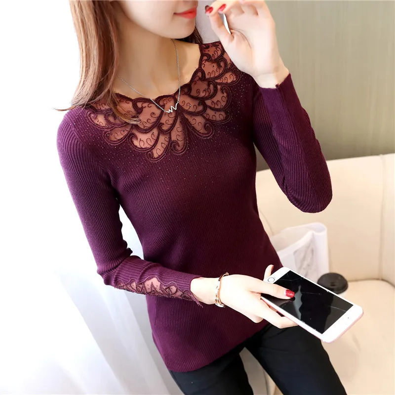 Fashion Hollow Out Women Sweaters Knitted Long Sleeve Spring Autumn Lace Patchwork Pullovers Sexy Blusas Mujer Body Top 