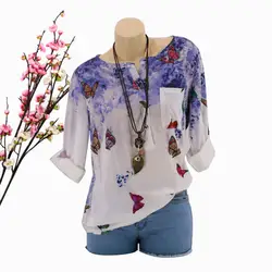S-5XL женская блузка Топ с круглым вырезом длинным рукавом бабочка печати мультфильм повседневное свободные Hohemian на лето и весну Blusas
