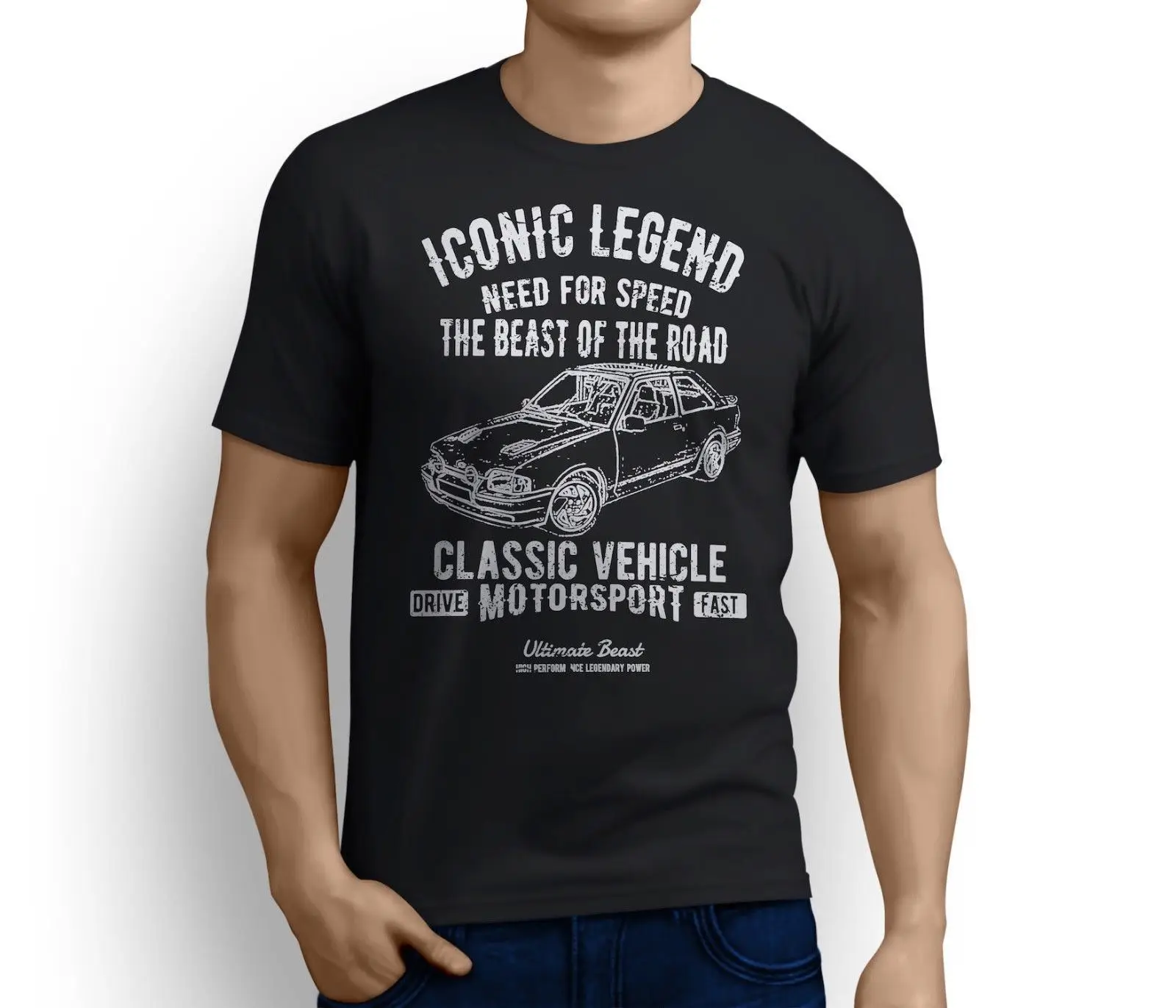

Футболка мужская хлопковая с надписью «Legend AMERICAN CAR Escort RS Turbo»