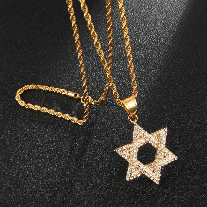 

D&Z Hip Hop Vintage Crystal Hexagram Star Of David Necklaces Pendants Twisted Chain Necklace Fashion Jewelry for men