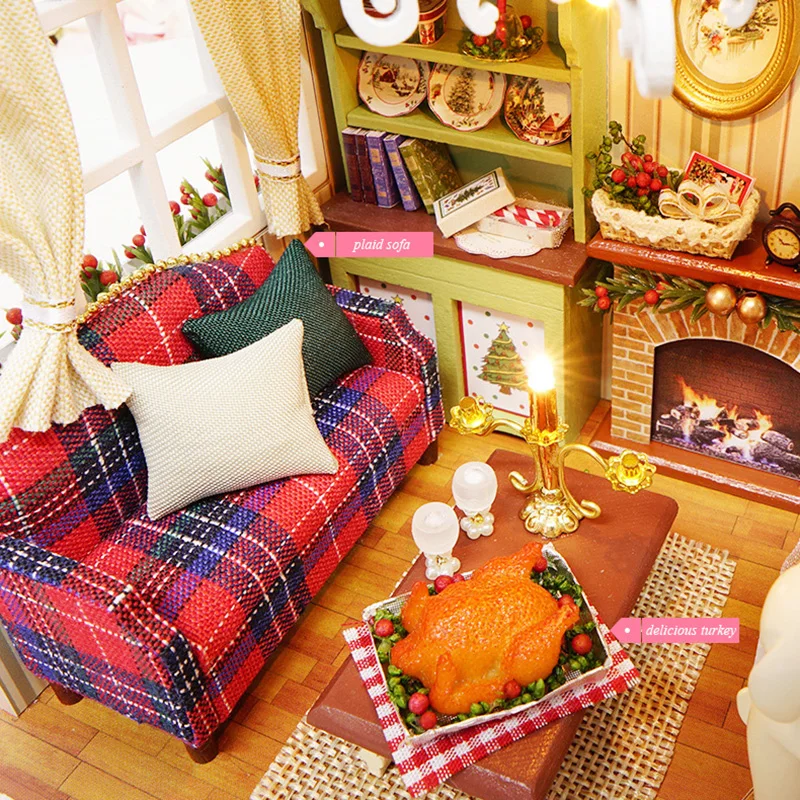 Holiday Time Handmade Furniture Doll House Assemble Kits Diy 3D Wooden Miniaturas Dollhouse Toys for Christmas Birthday Gift