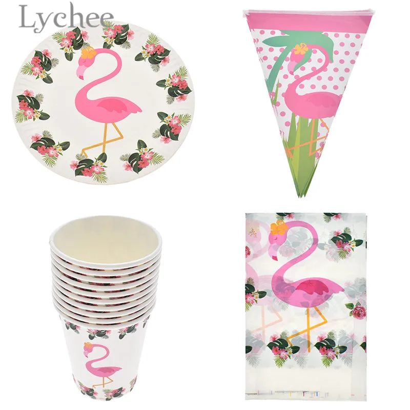 

Lychee 31pcs Flamingo Printed Tableware Cartoon Disposable Dinnerware Sets Birthday Party Supplies